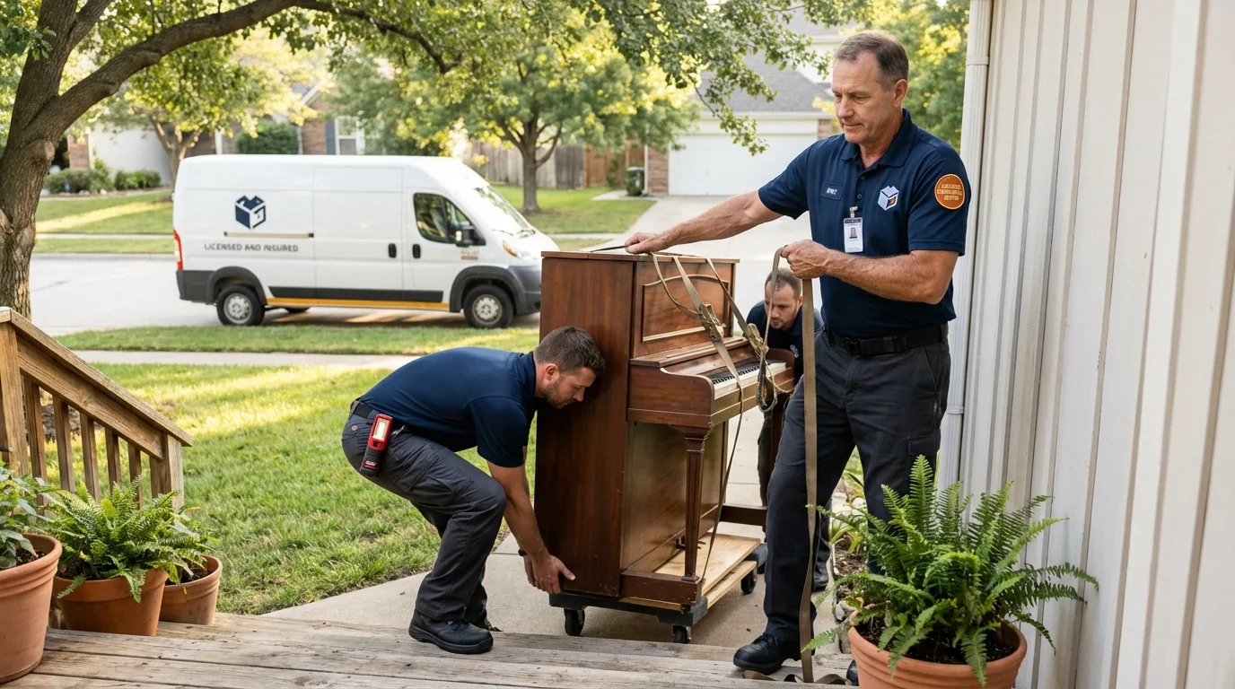 Licensed piano movers securing grand piano in Middletown, PA