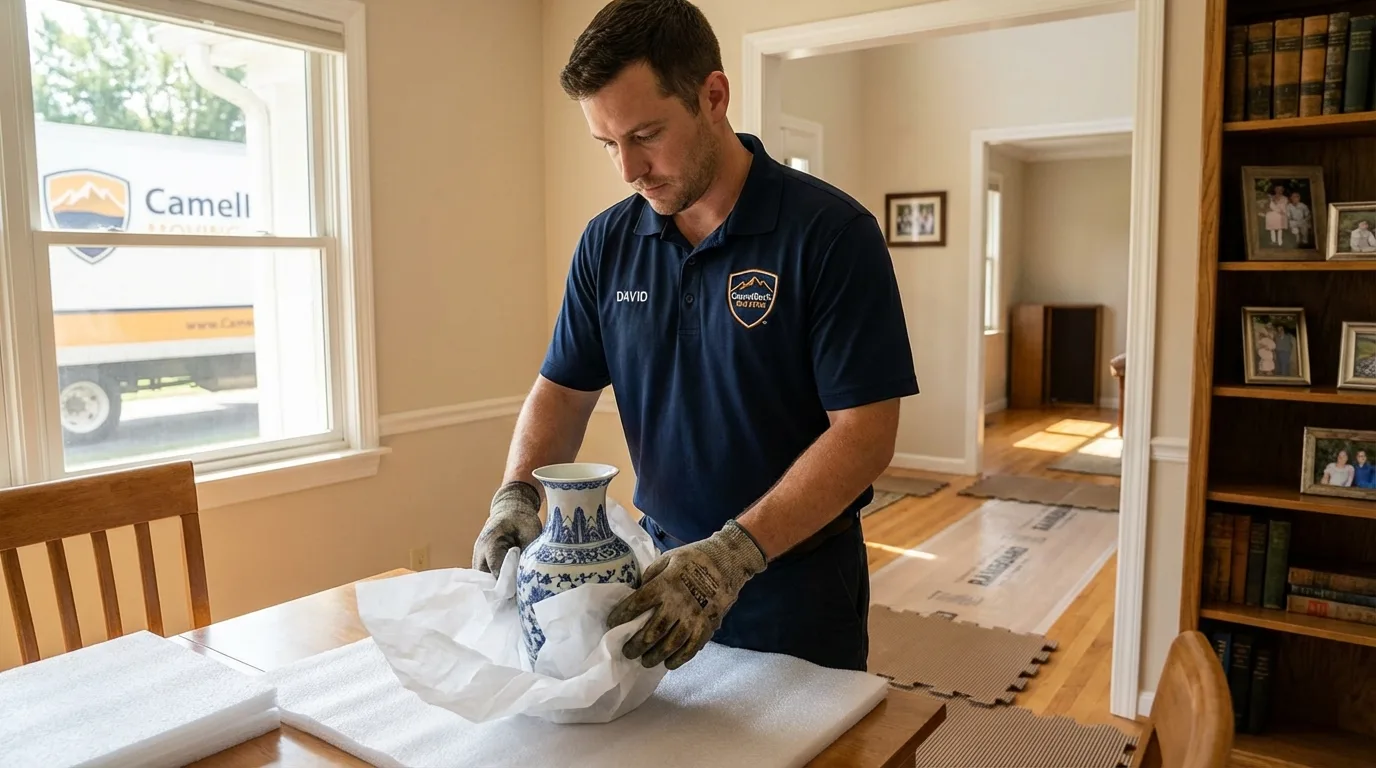 Professional crew carefully wrapping antique vase for senior downsizing move in Middletown, PA